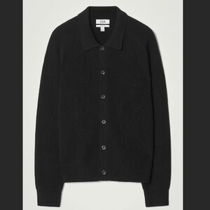 COS Black Collared Ribbed Wool-Cashmere Cardigan w/ Buttons - Size Large